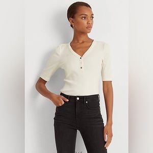 Lauren Ralph Lauren Ribbed Henley Tee in Mascarpone Size XL NWT‎
